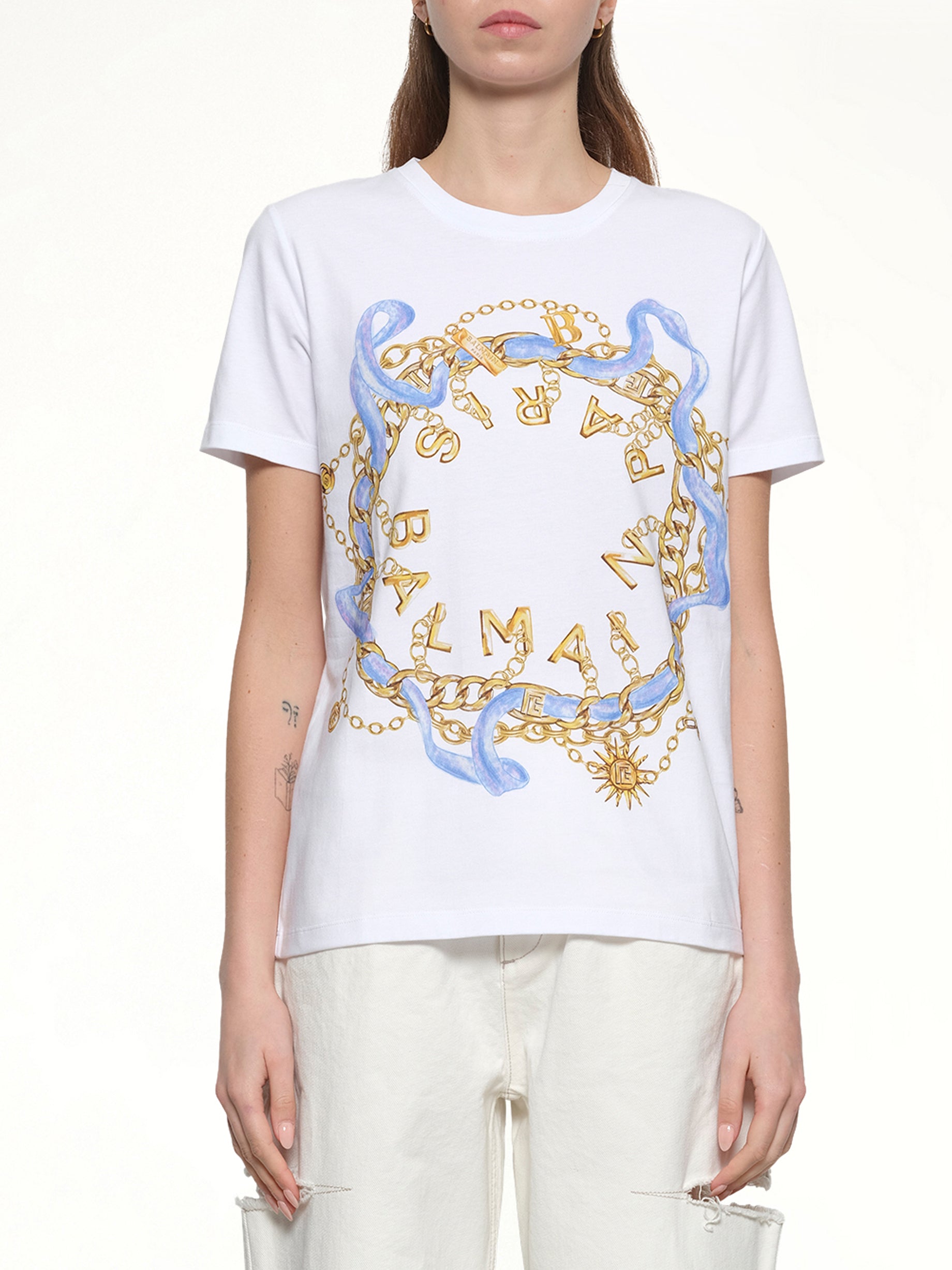 Balmain Paris Chain T-Shirt in White/Blue/Gold