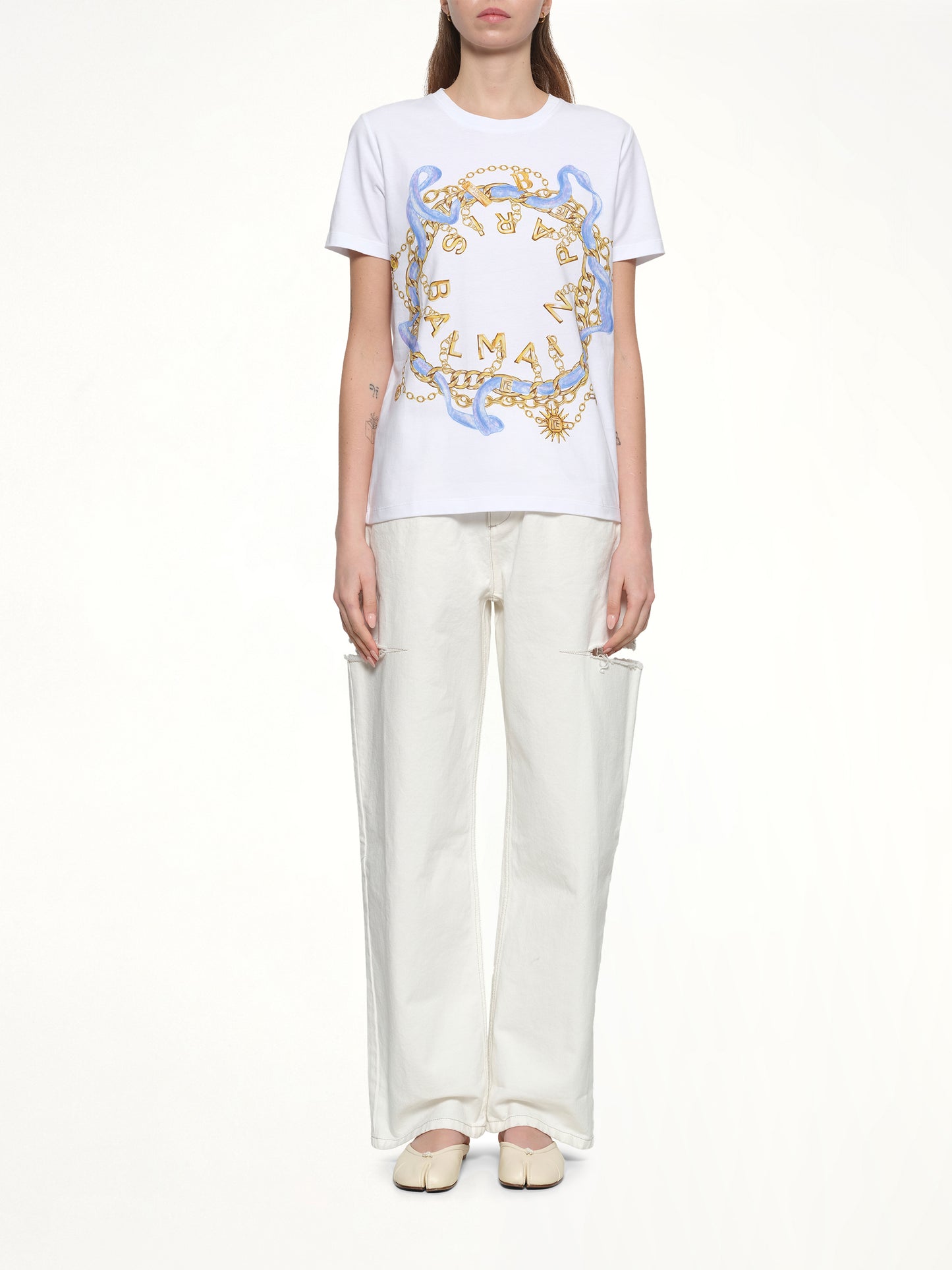 Balmain Paris Chain T-Shirt in White/Blue/Gold
