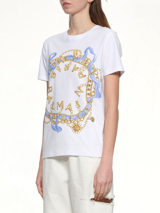 Balmain Paris Chain T-Shirt in White/Blue/Gold