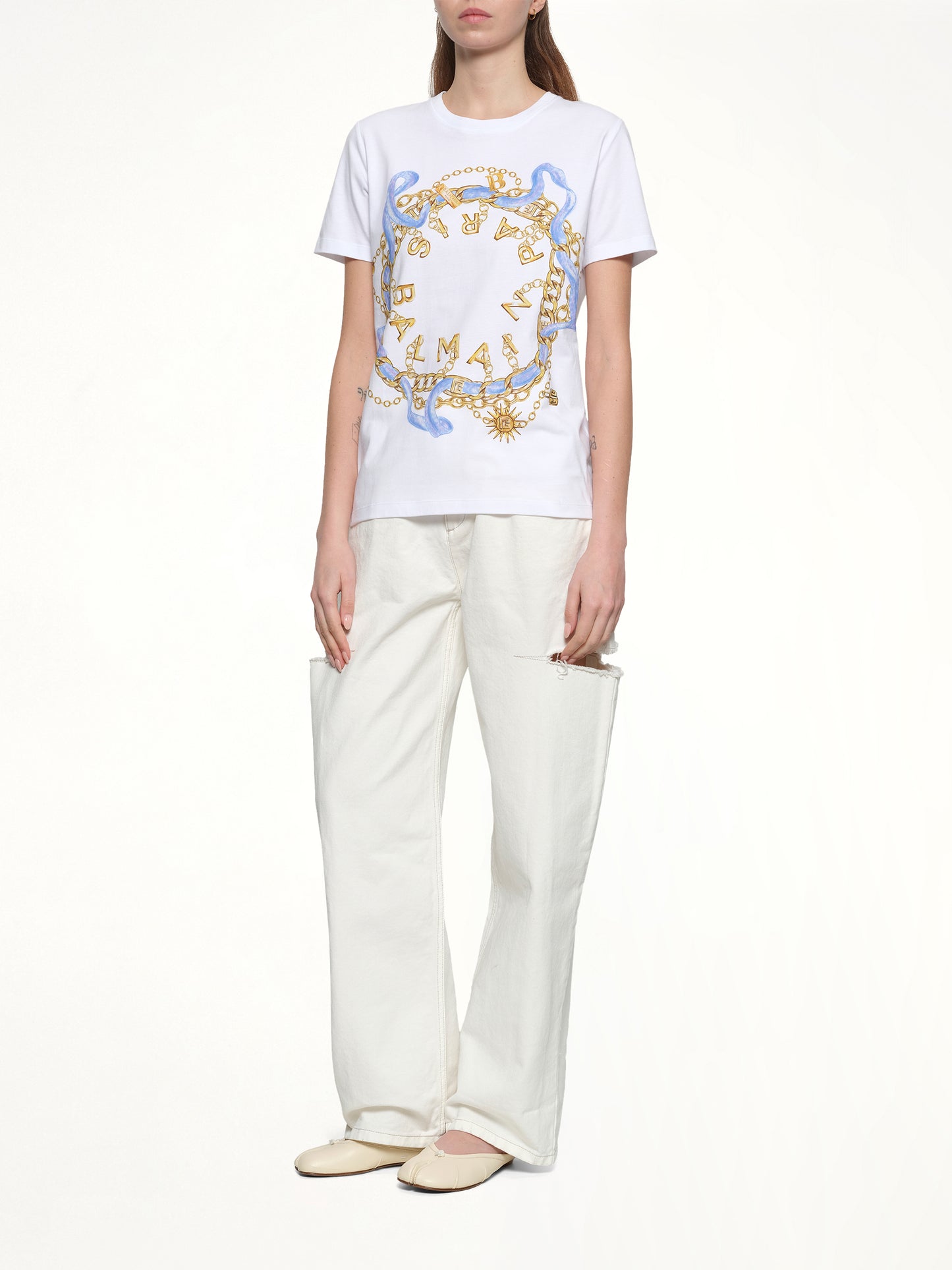 Balmain Paris Chain T-Shirt in White/Blue/Gold