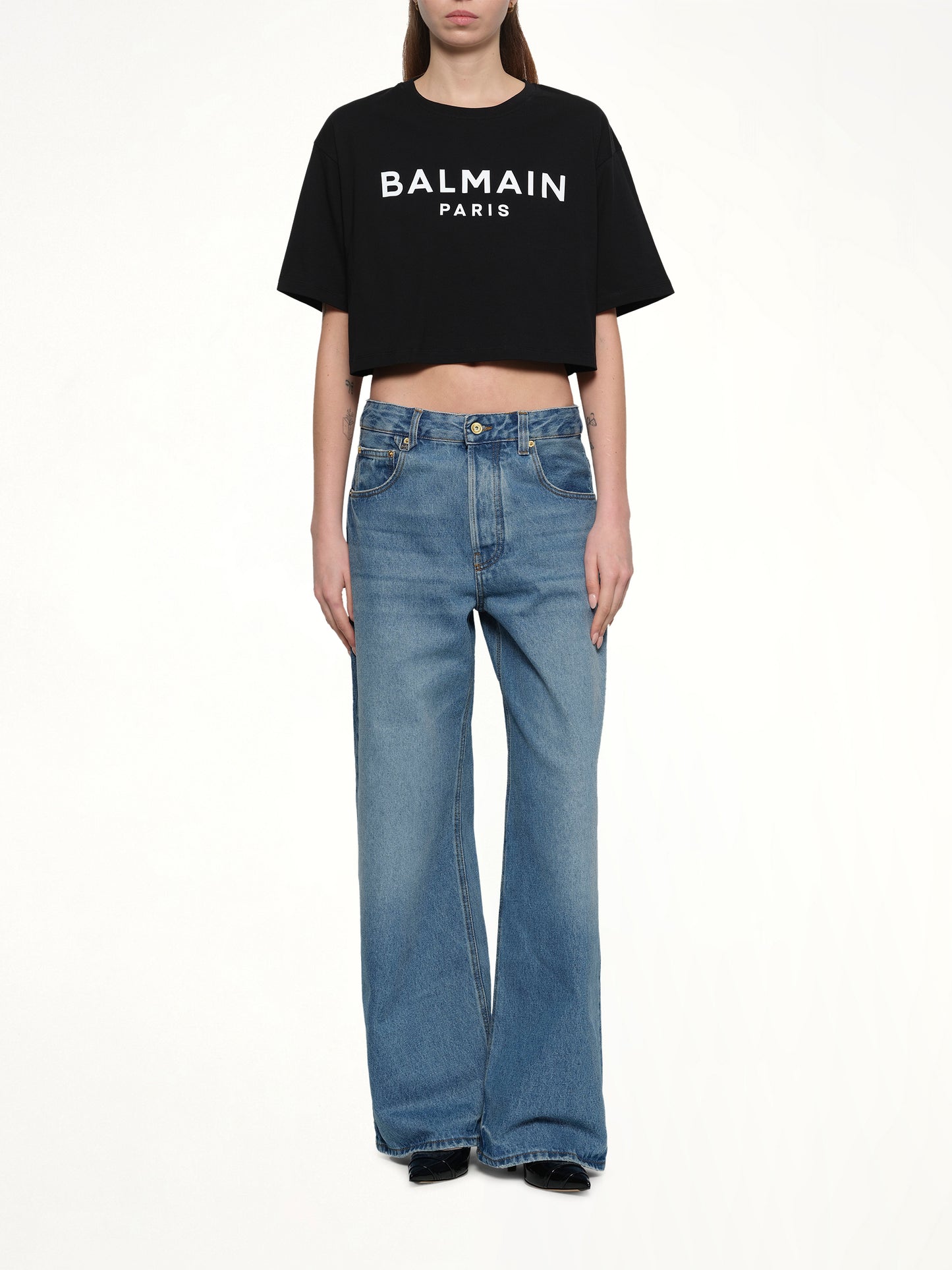 Cropped Print Logo Eco T-Shirt in Black