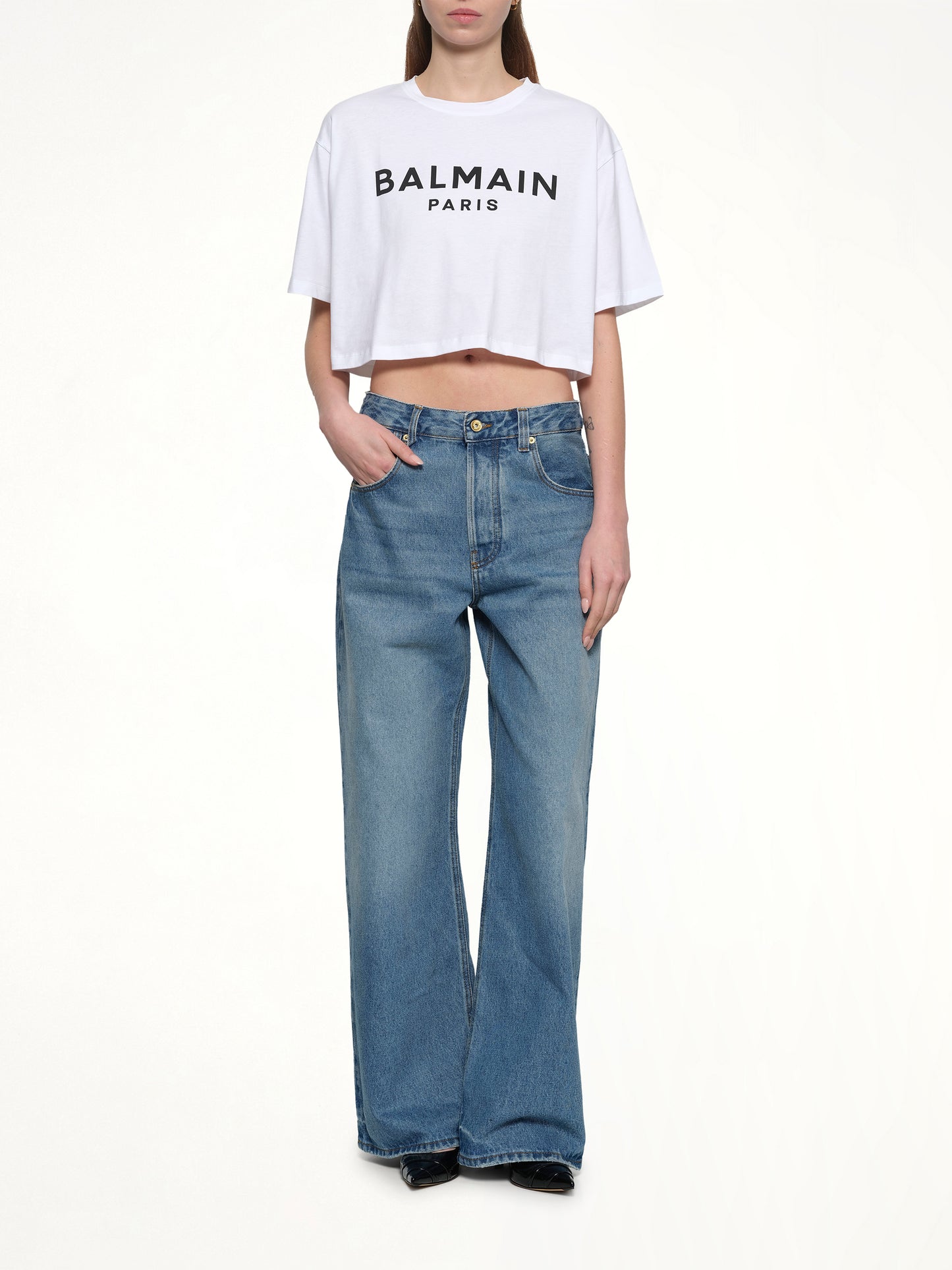 Logo Print Cropped T-Shirt in White/Black