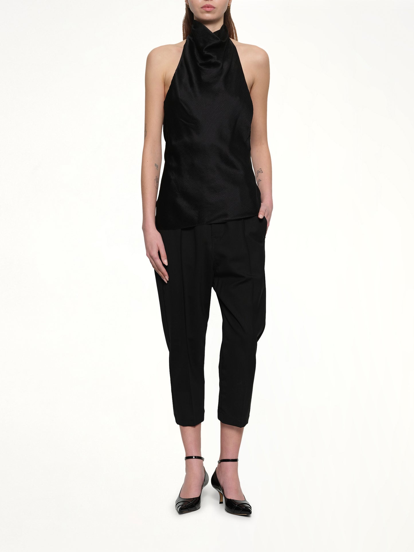 Halterneck Crepe Satin Top in Black