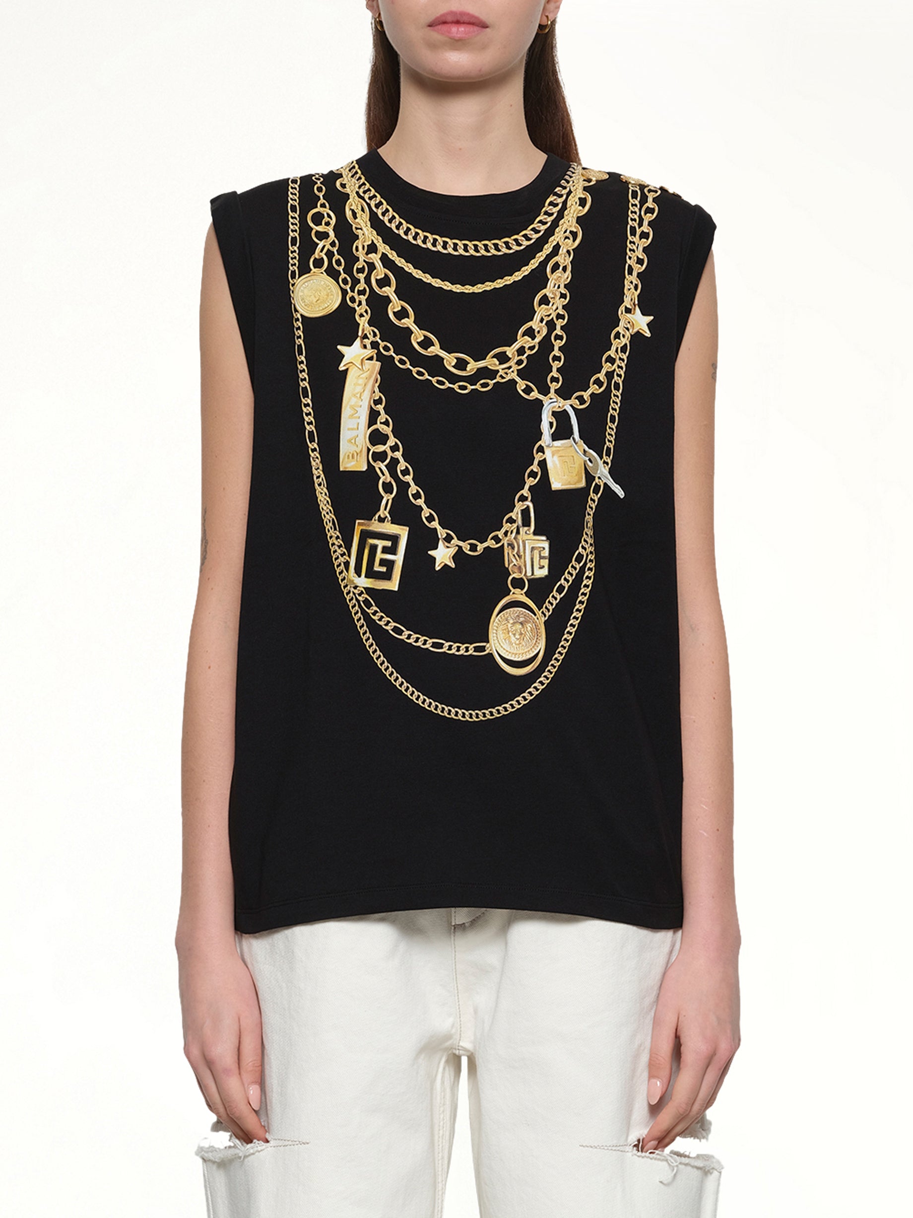 Trompe L'Oeil Necklace Print Tank Top in Black/Gold