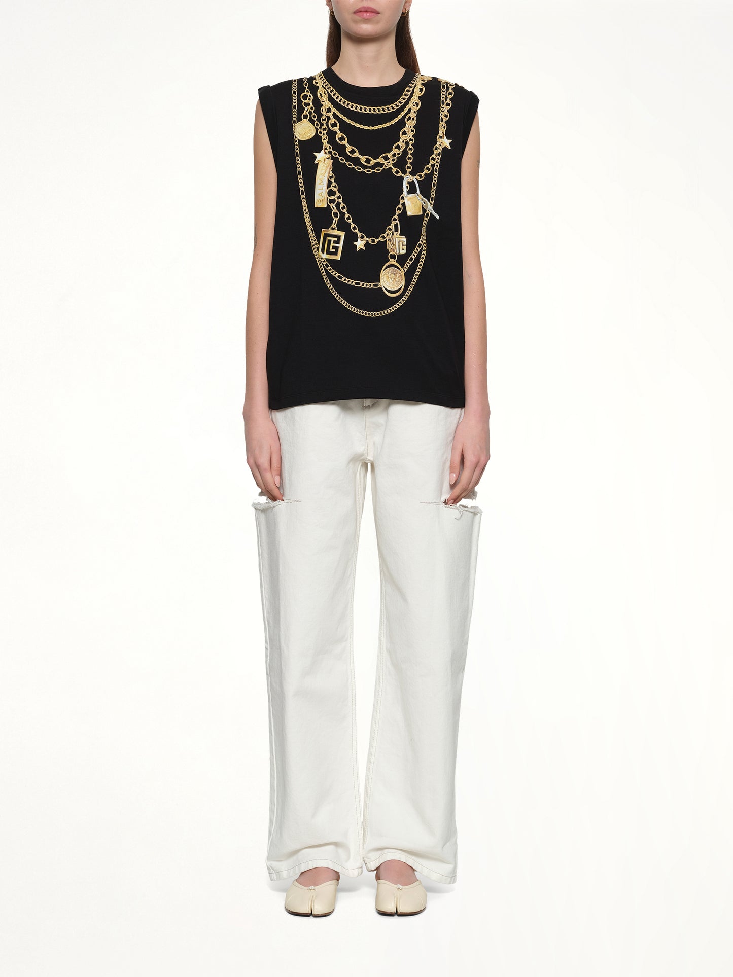 Trompe L'Oeil Necklace Print Tank Top in Black/Gold