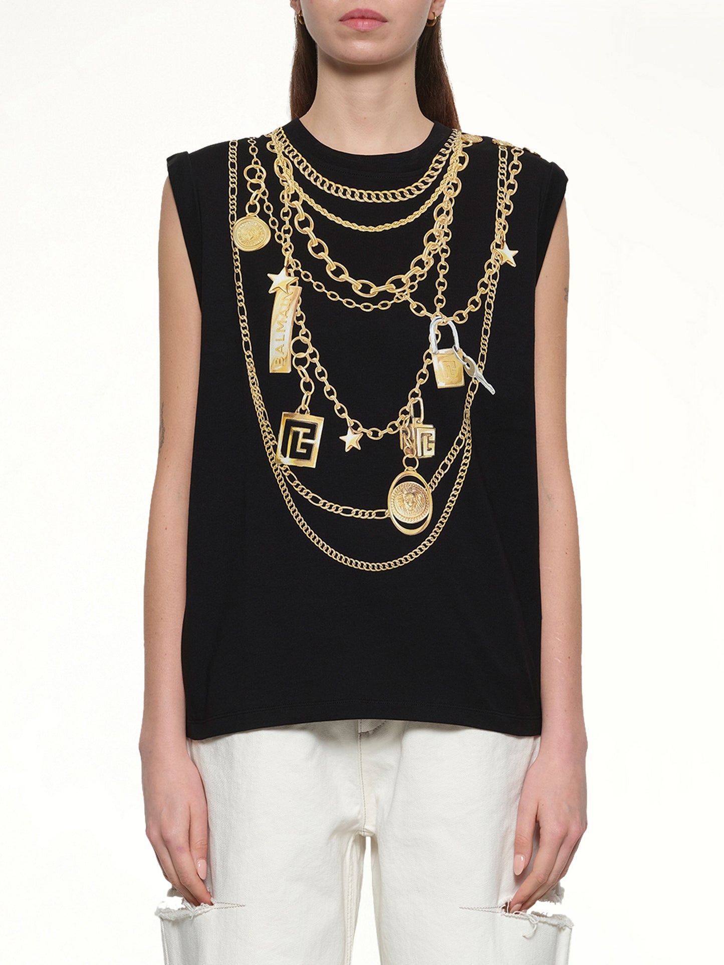 Trompe L'Oeil Necklace Print Tank Top in Black/Gold