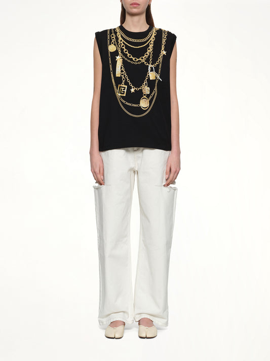 Trompe L'Oeil Necklace Print Tank Top in Black/Gold