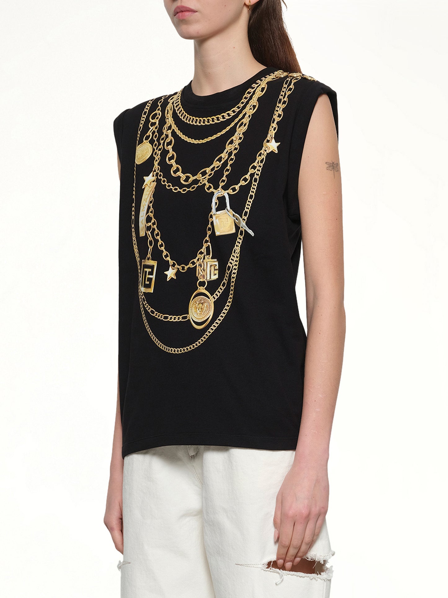 Trompe L'Oeil Necklace Print Tank Top in Black/Gold