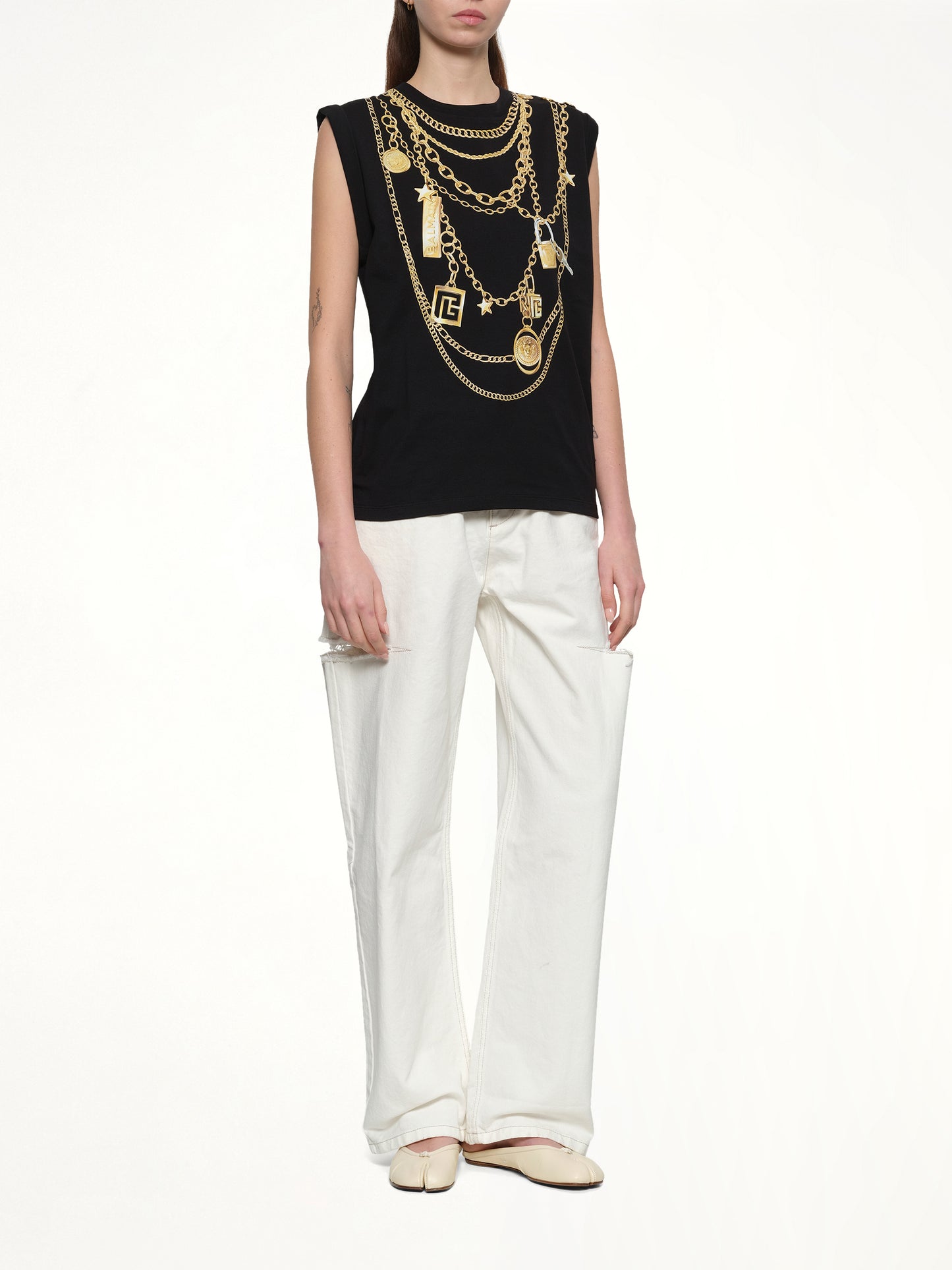 Trompe L'Oeil Necklace Print Tank Top in Black/Gold