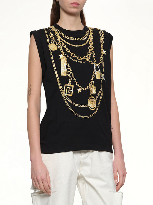 Trompe L'Oeil Necklace Print Tank Top in Black/Gold