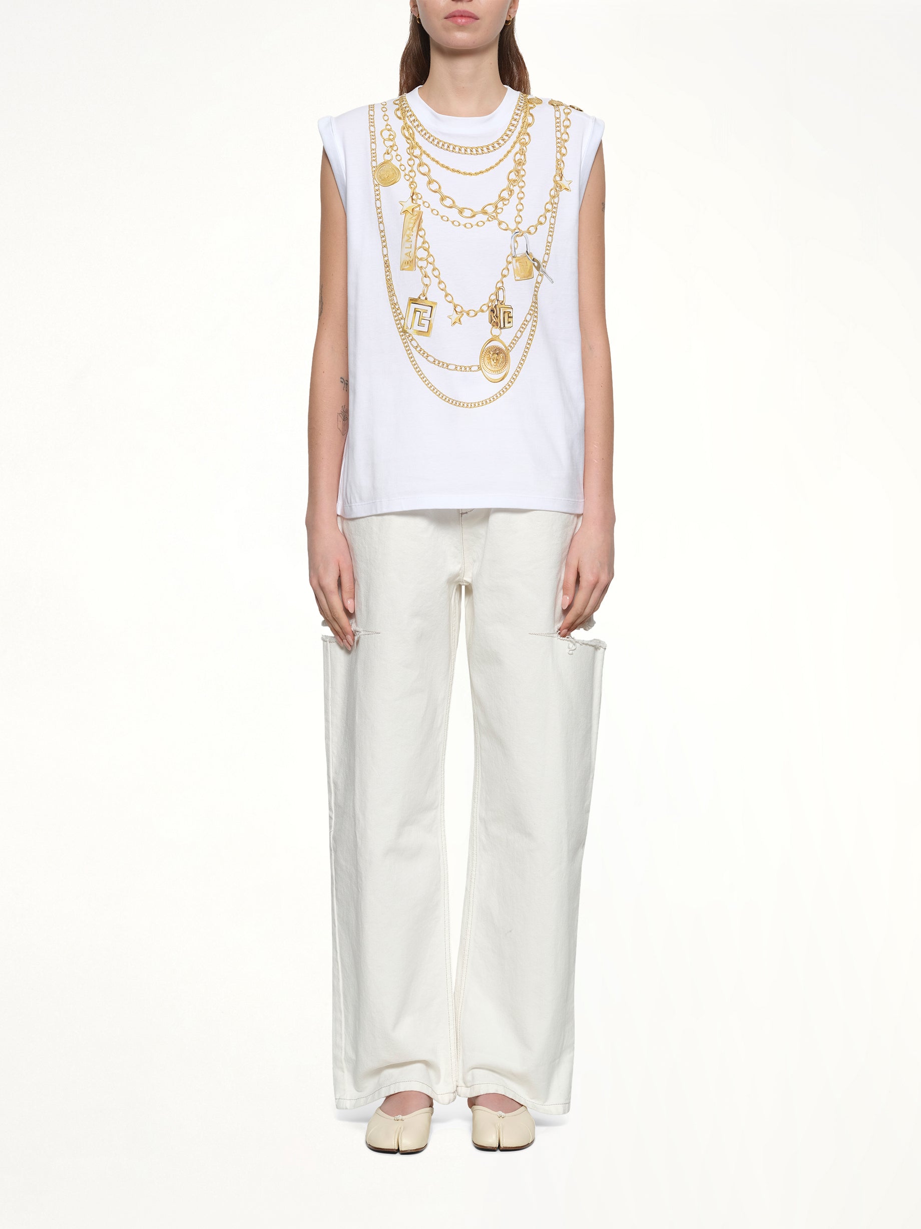 Trompe L'Oeil Necklace Print Tank Top in White/Gold