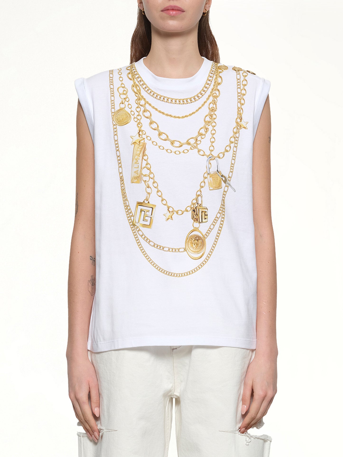 Trompe L'Oeil Necklace Print Tank Top in White/Gold