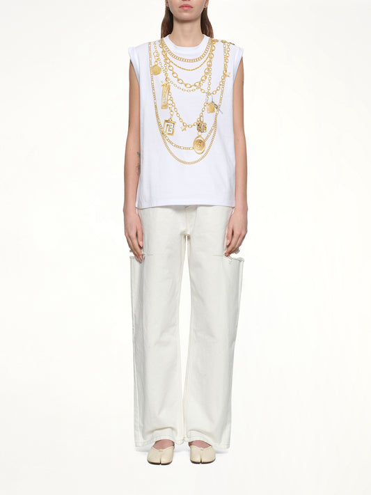 Trompe L'Oeil Necklace Print Tank Top in White/Gold