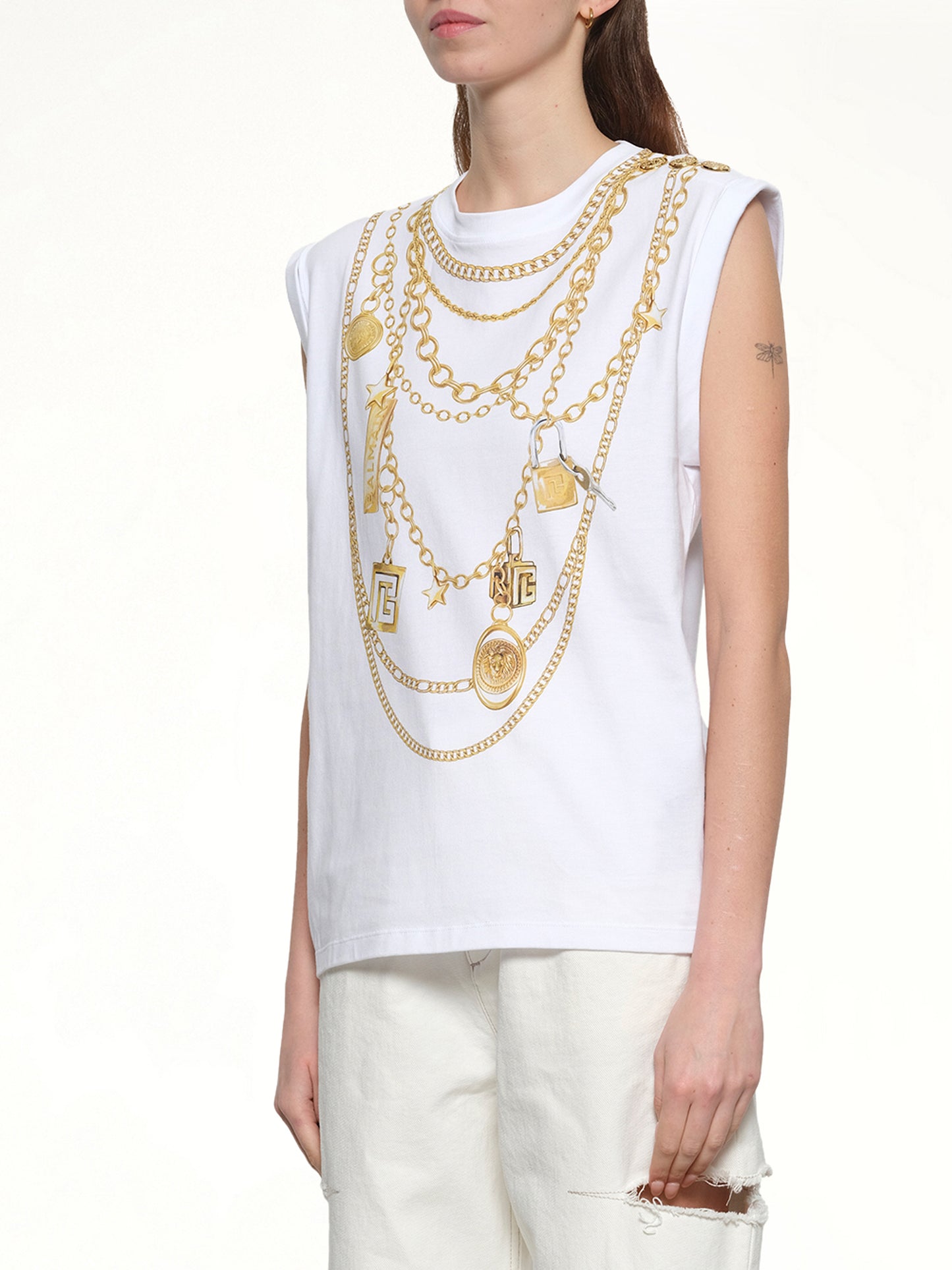 Trompe L'Oeil Necklace Print Tank Top in White/Gold