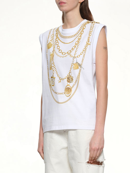 Trompe L'Oeil Necklace Print Tank Top in White/Gold