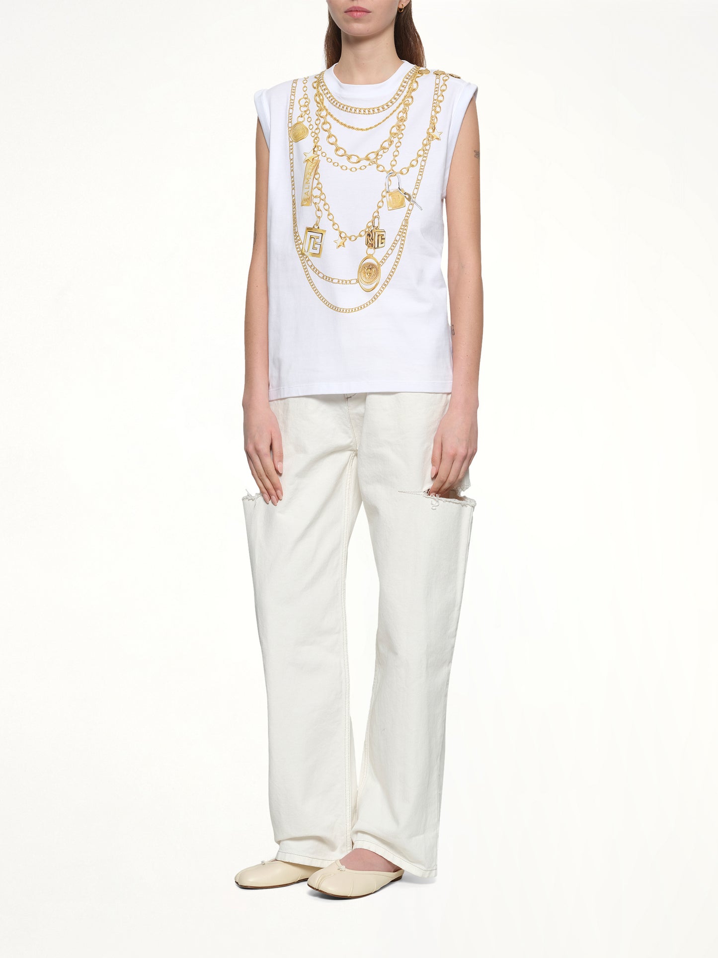 Trompe L'Oeil Necklace Print Tank Top in White/Gold