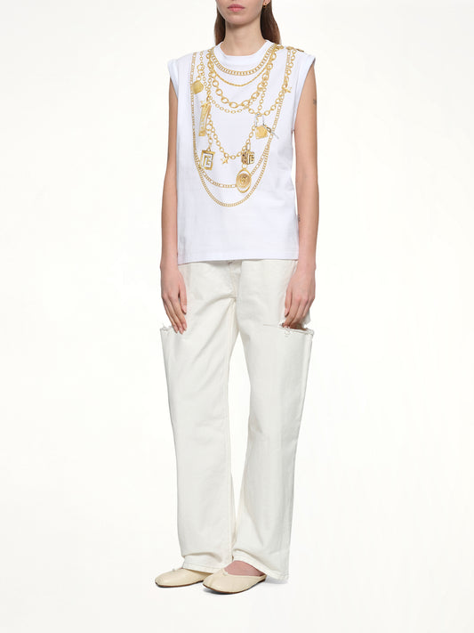 Trompe L'Oeil Necklace Print Tank Top in White/Gold
