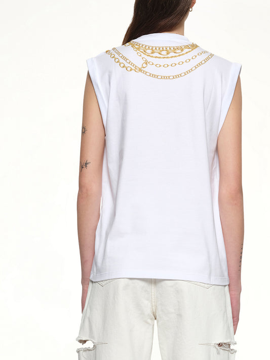 Trompe L'Oeil Necklace Print Tank Top in White/Gold