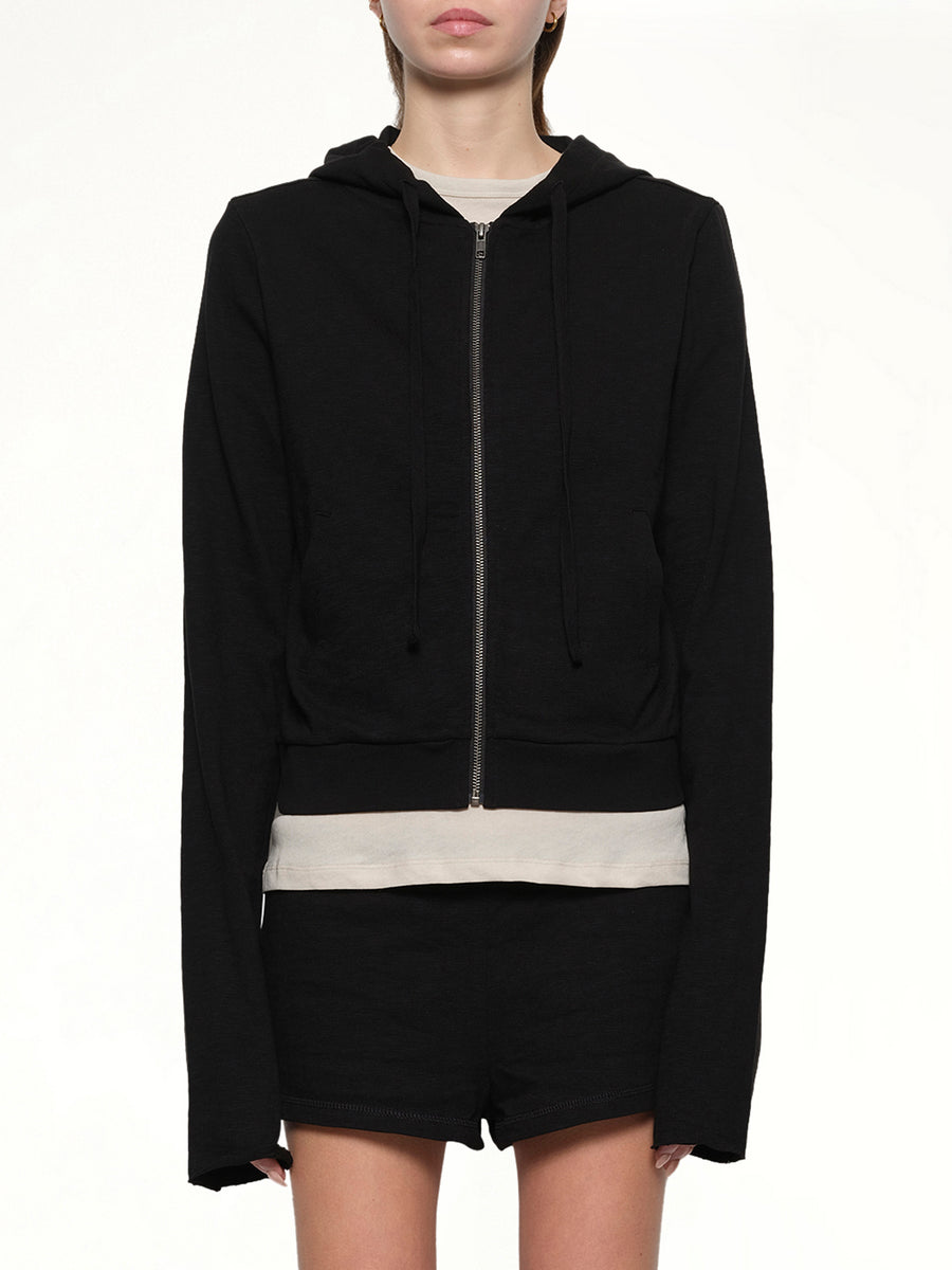Lightweight Cropped Zip-Up Hoodie in Black