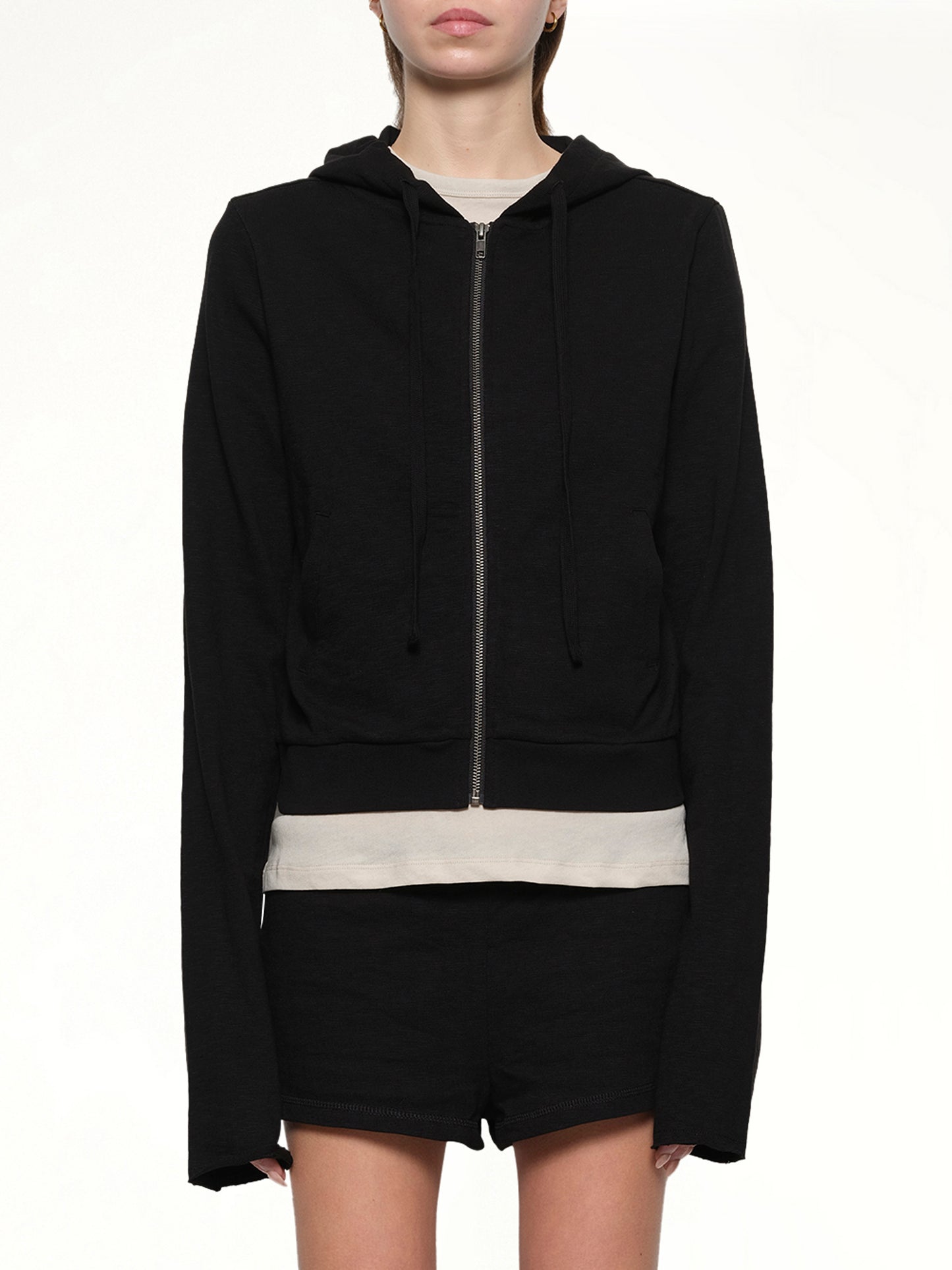 Lightweight Cropped Zip-Up Hoodie in Black