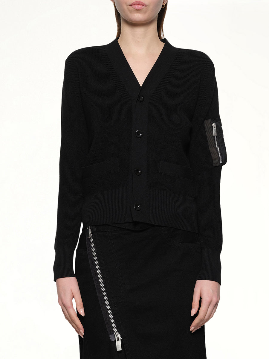 Nylon Twill x Cotton Knit Cardigan in Black