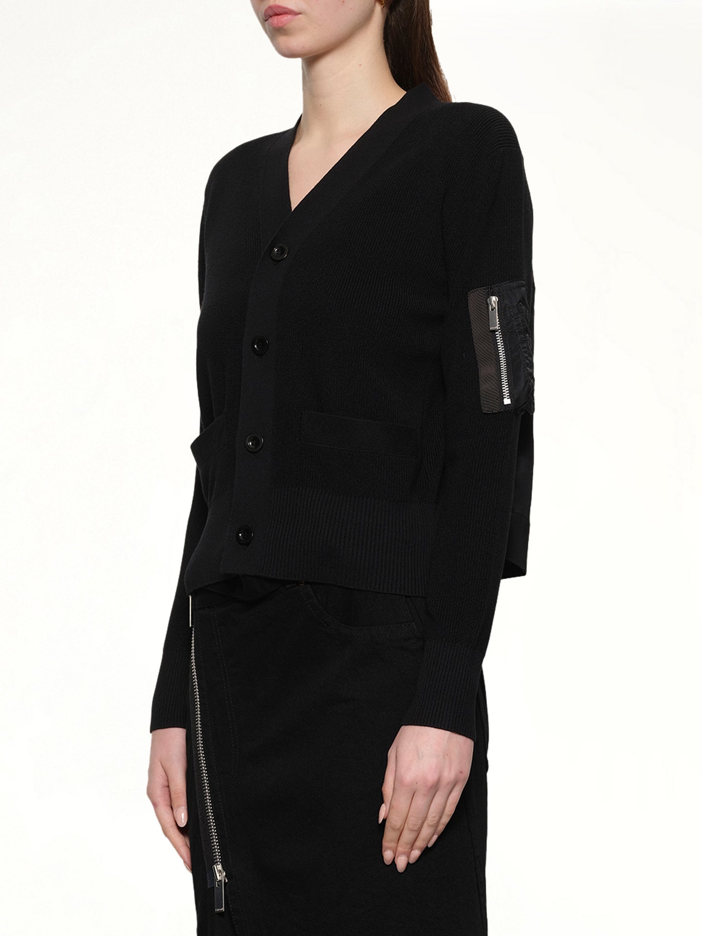 Nylon Twill x Cotton Knit Cardigan in Black