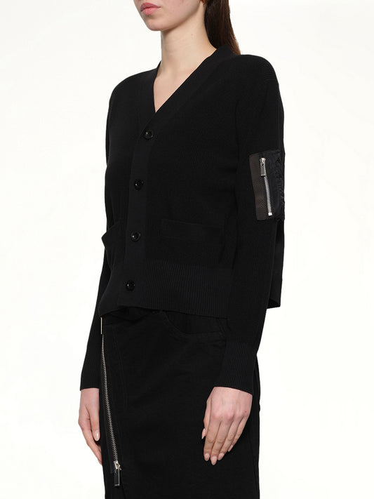Nylon Twill x Cotton Knit Cardigan in Black
