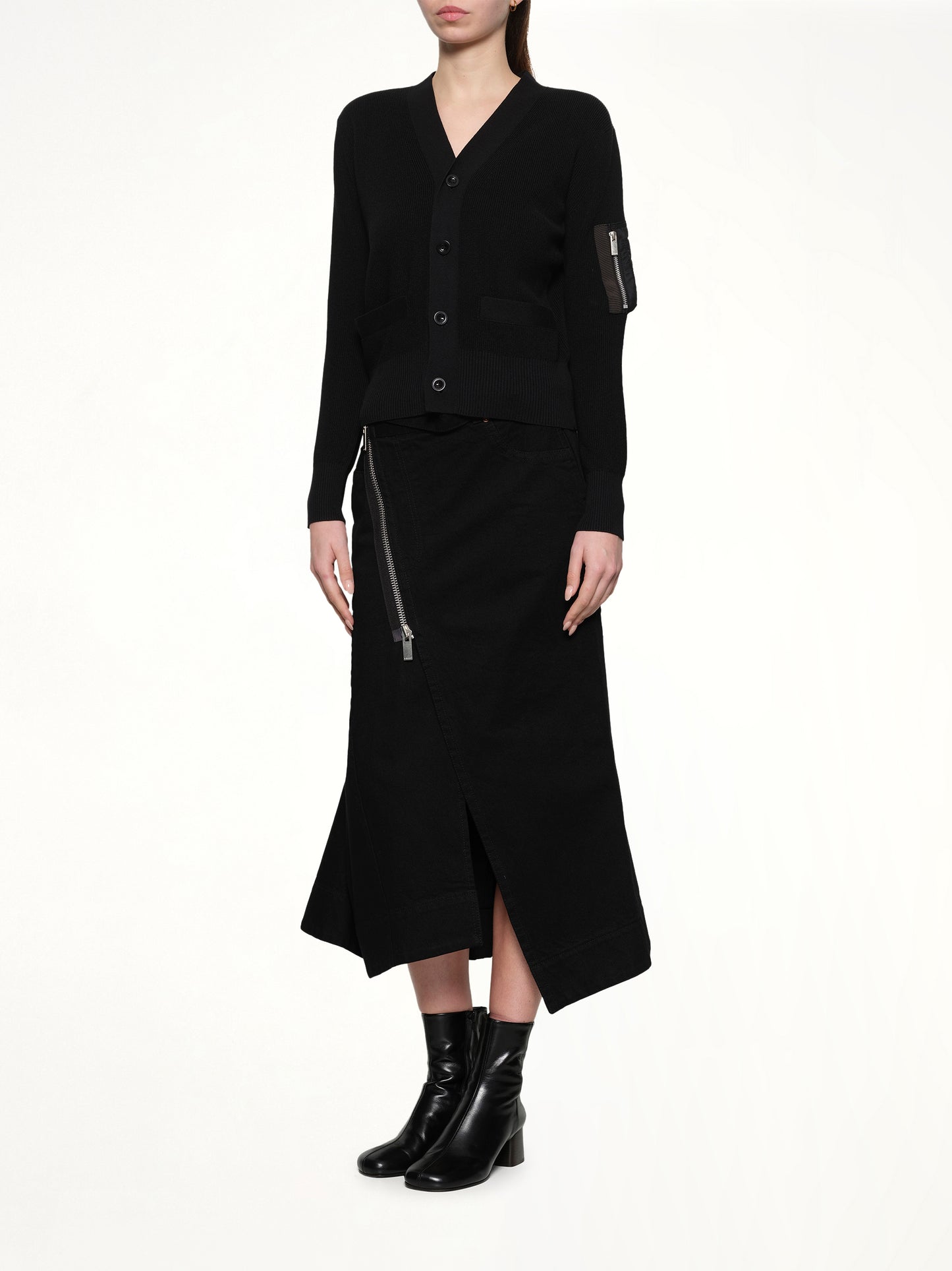 Nylon Twill x Cotton Knit Cardigan in Black