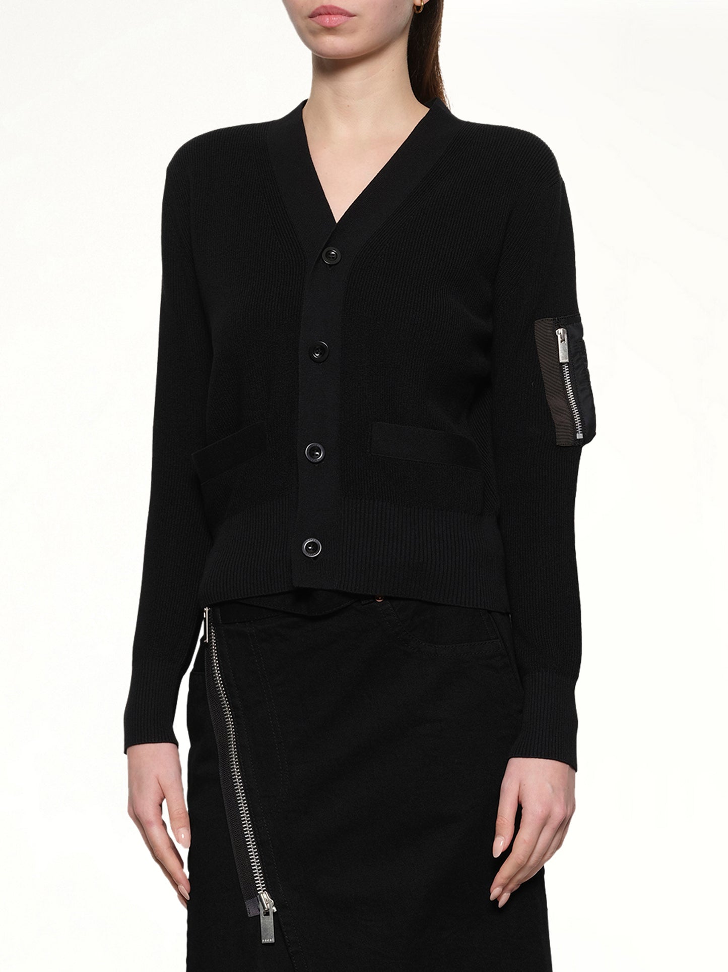 Nylon Twill x Cotton Knit Cardigan in Black