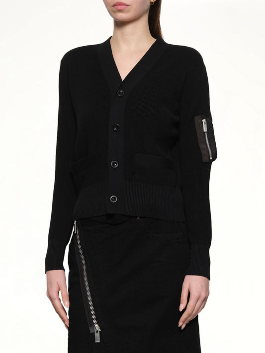Nylon Twill x Cotton Knit Cardigan in Black