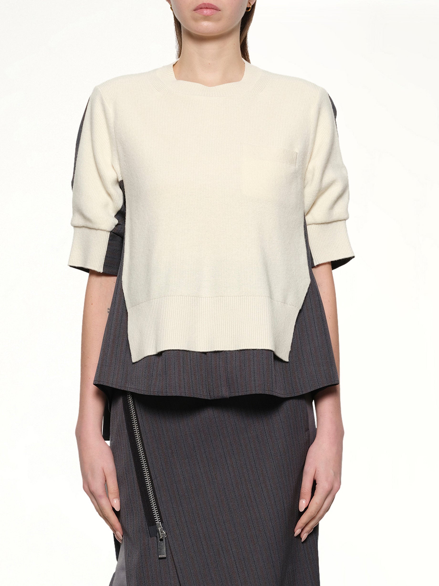 Stripe Doeskin x Wool Knit Pullover in Off White/Gray