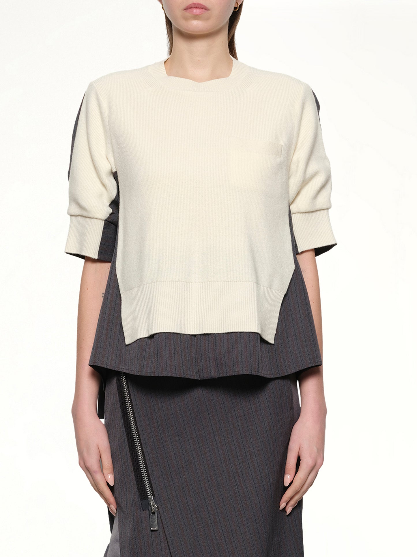 Stripe Doeskin x Wool Knit Pullover in Off White/Gray