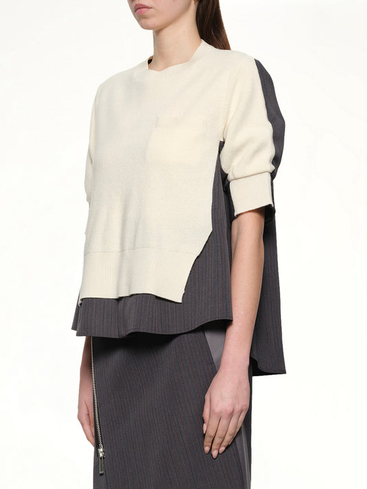 Stripe Doeskin x Wool Knit Pullover in Off White/Gray