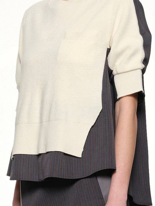 Stripe Doeskin x Wool Knit Pullover in Off White/Gray