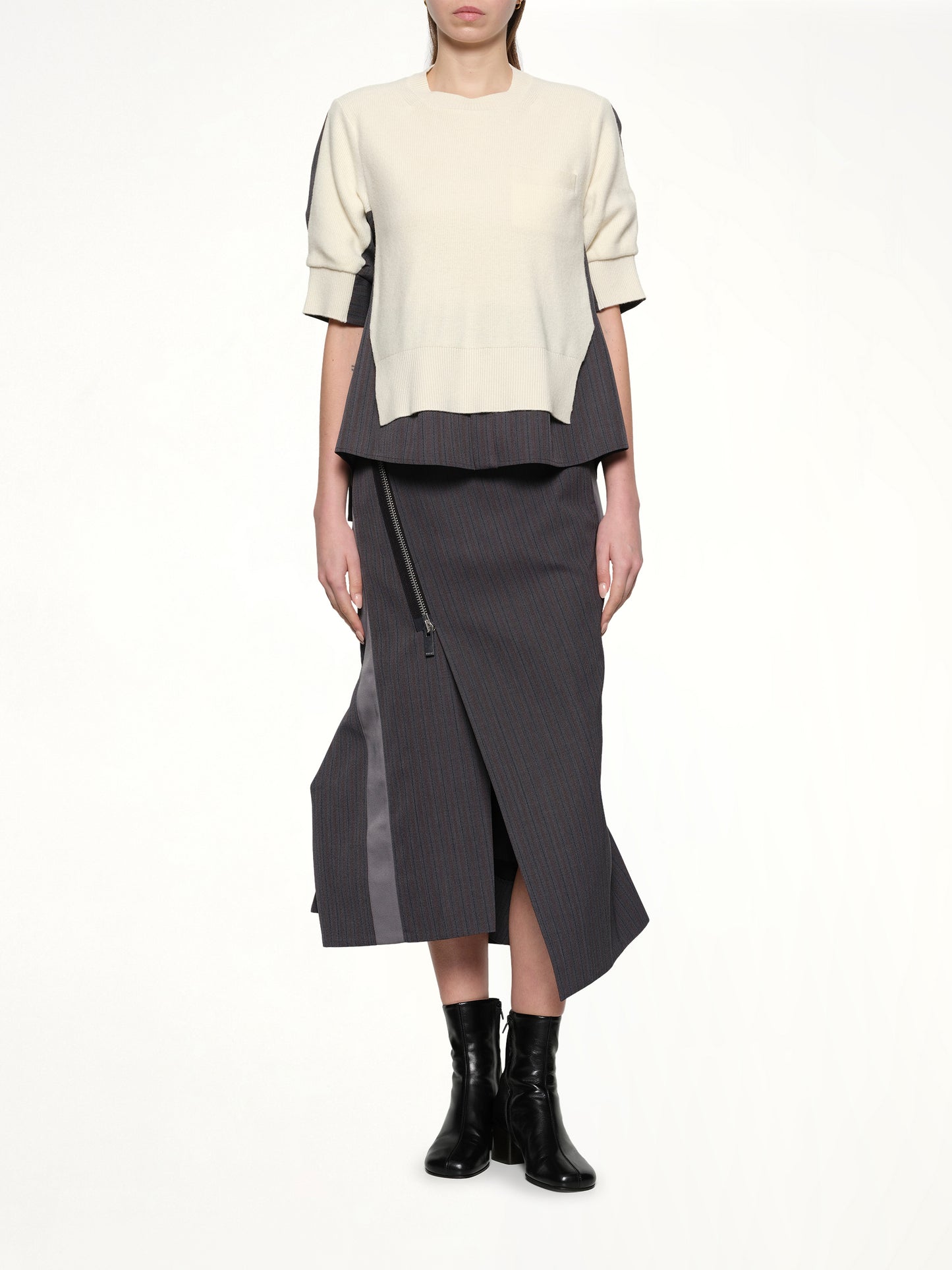 Stripe Doeskin x Wool Knit Pullover in Off White/Gray