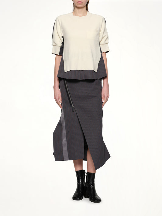 Stripe Doeskin x Wool Knit Pullover in Off White/Gray