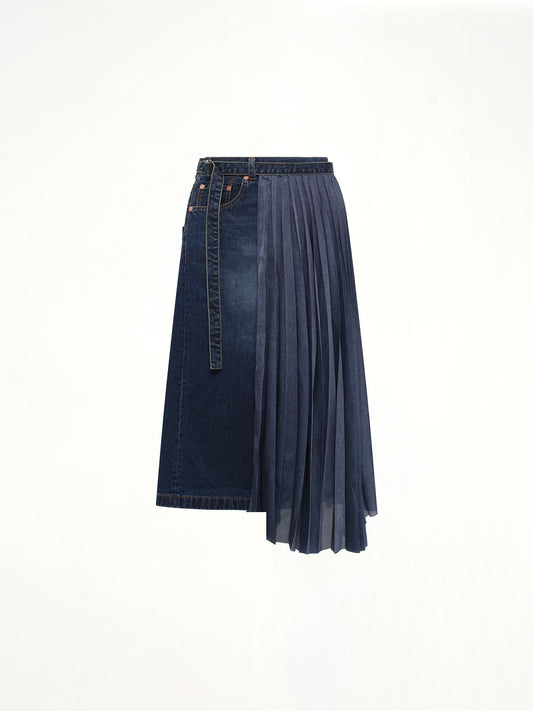 Half Pleated Denim Skirt in Blue