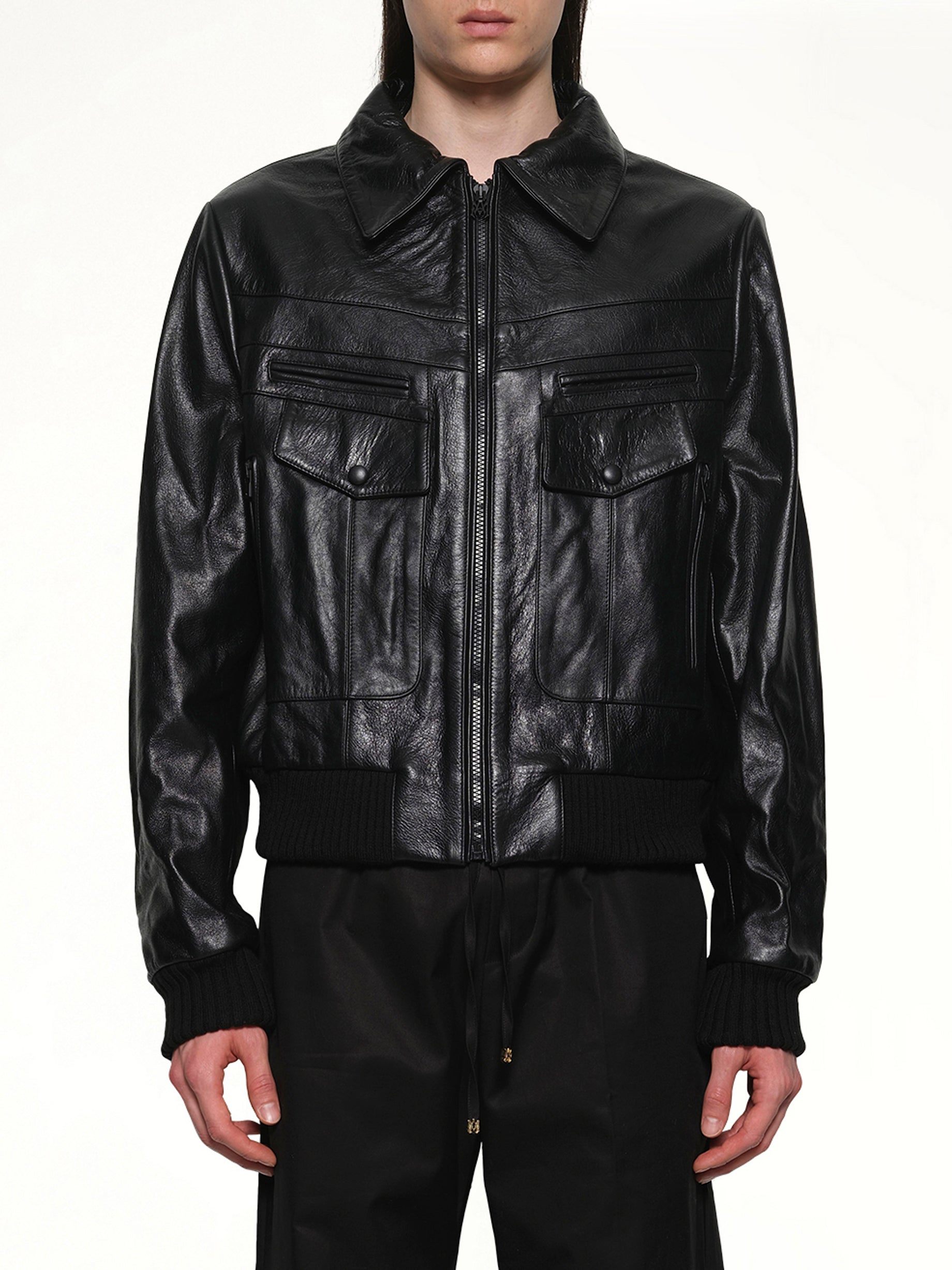 Leather Double Pocket Blouson in Black
