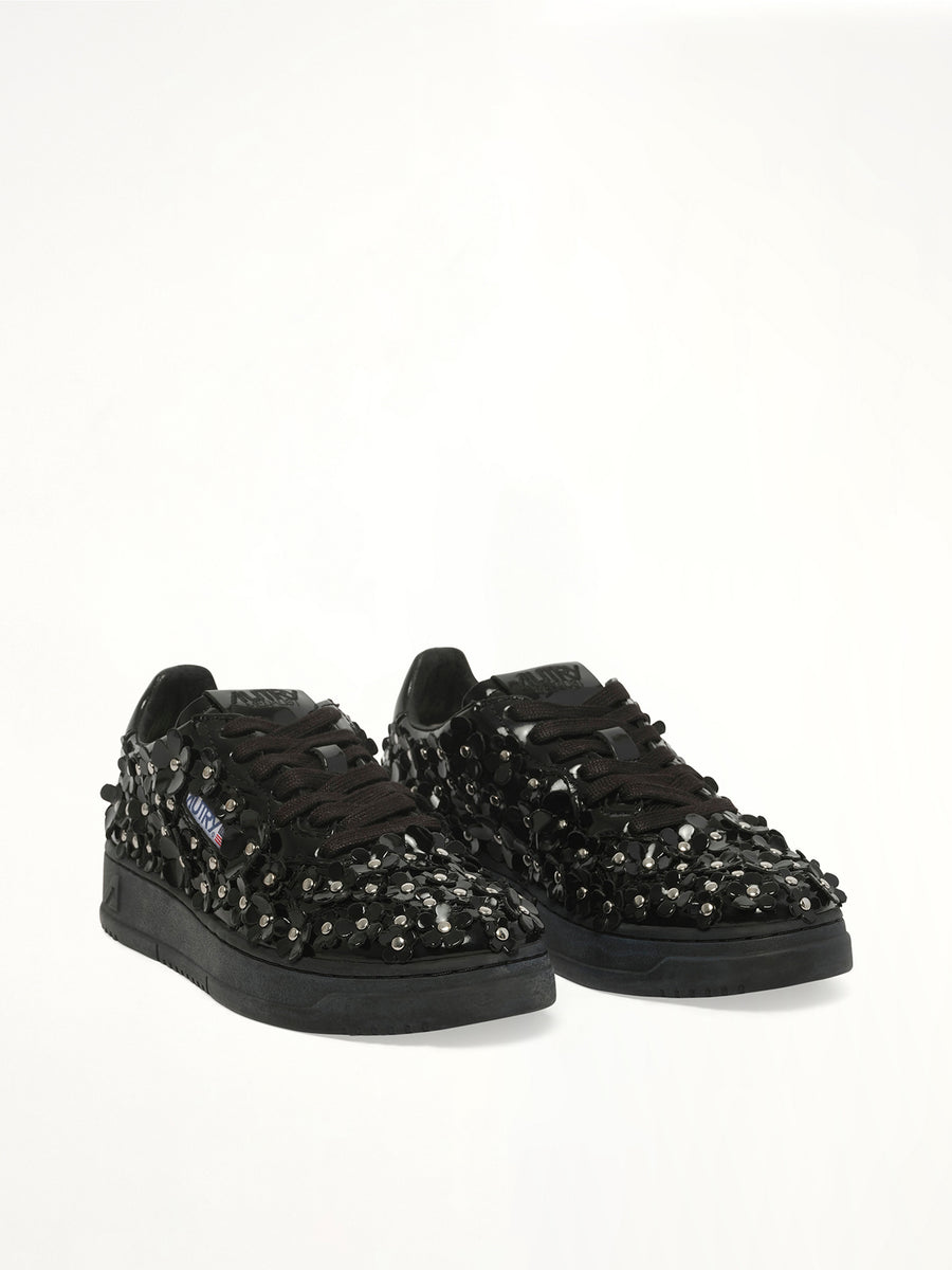 Medalist Low Patent Flower Sneaker in Black Front View | AUTRY