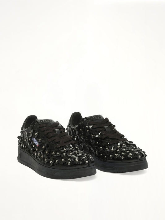 Medalist Low Patent Flower Sneaker in Black