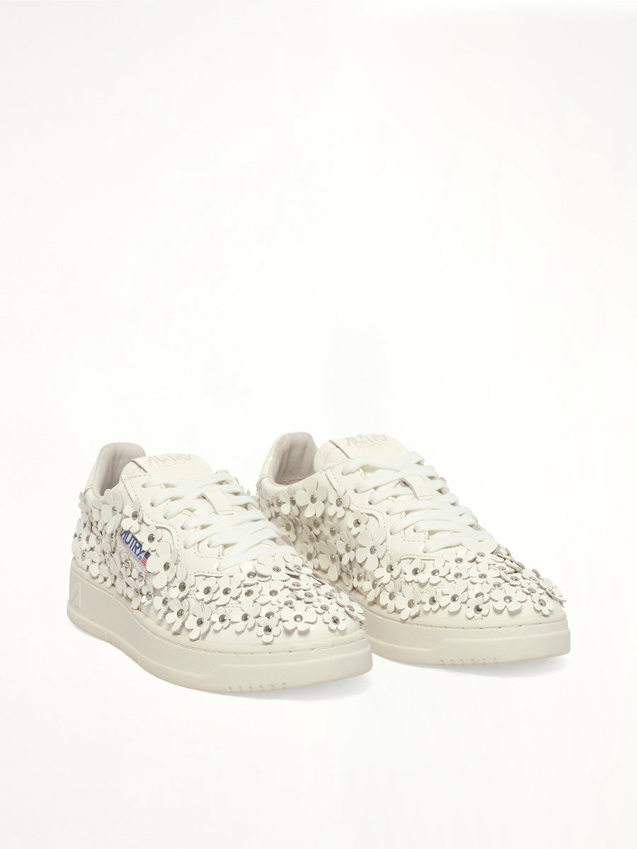 Medalist Low Patent Flower Sneaker in White Front View | AUTRY