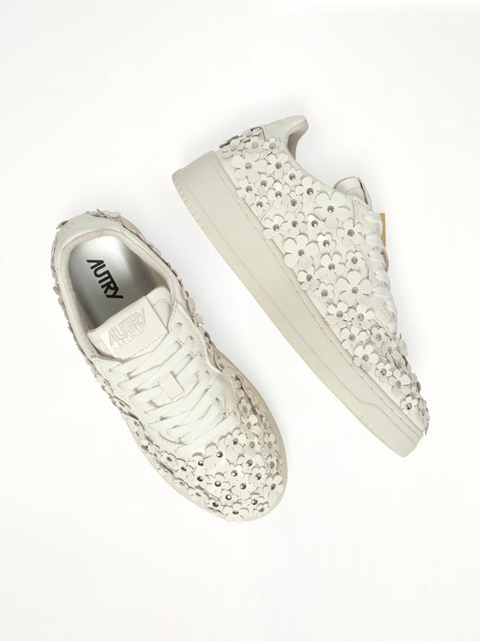 Medalist Low Patent Flower Sneaker in White