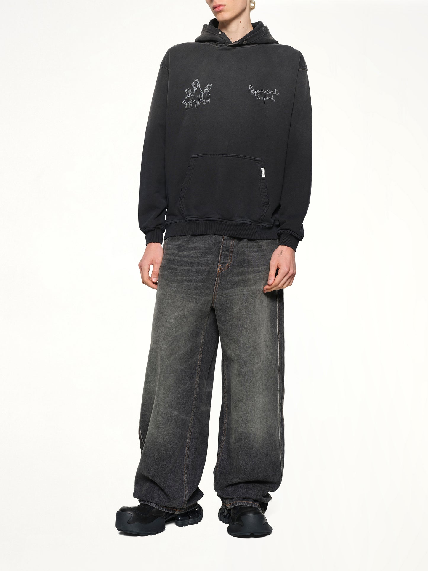 Hand Drawn Thoroughbred Horse Hoodie in Aged Black