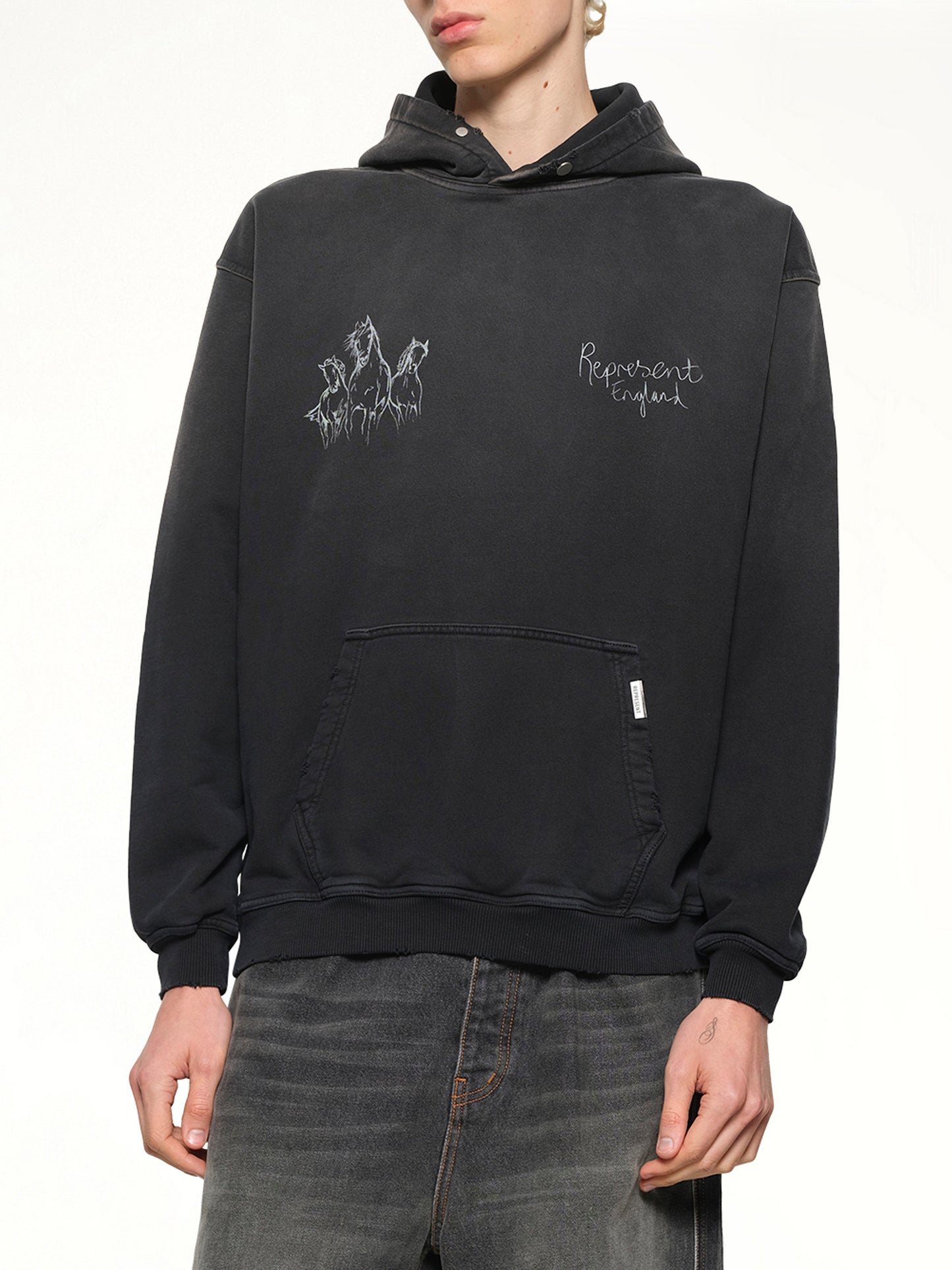 Hand Drawn Thoroughbred Horse Hoodie in Aged Black