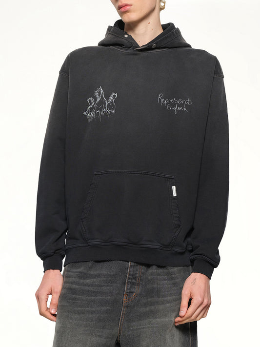 Hand Drawn Thoroughbred Horse Hoodie in Aged Black
