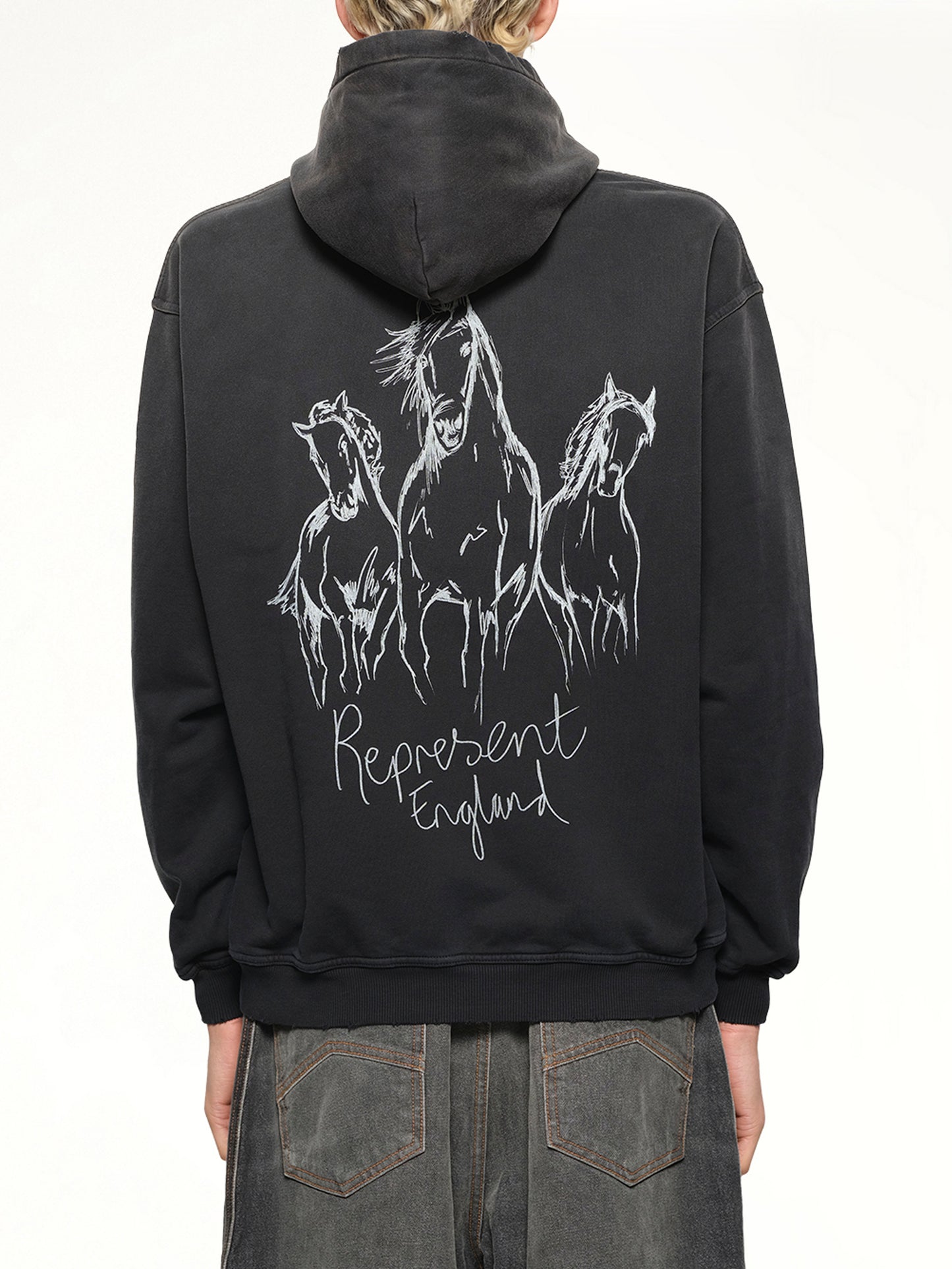 Hand Drawn Thoroughbred Horse Hoodie in Aged Black