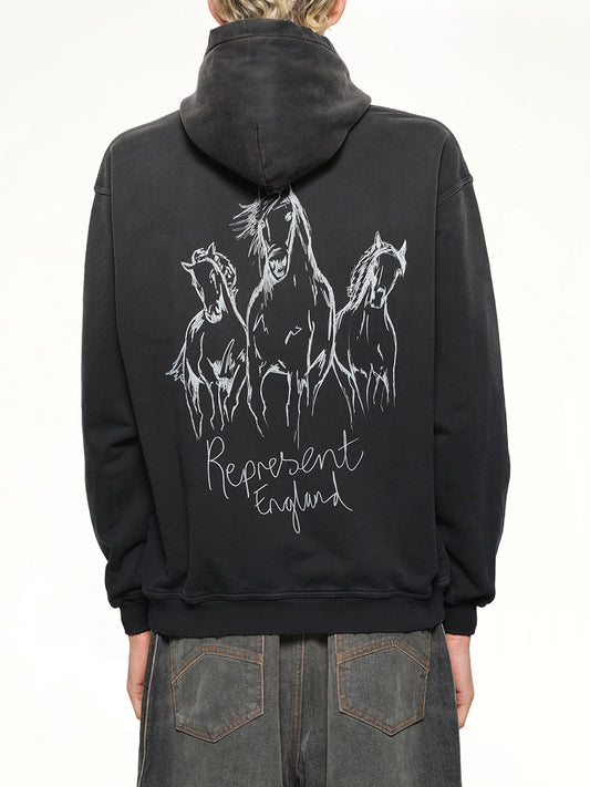 Hand Drawn Thoroughbred Horse Hoodie in Aged Black