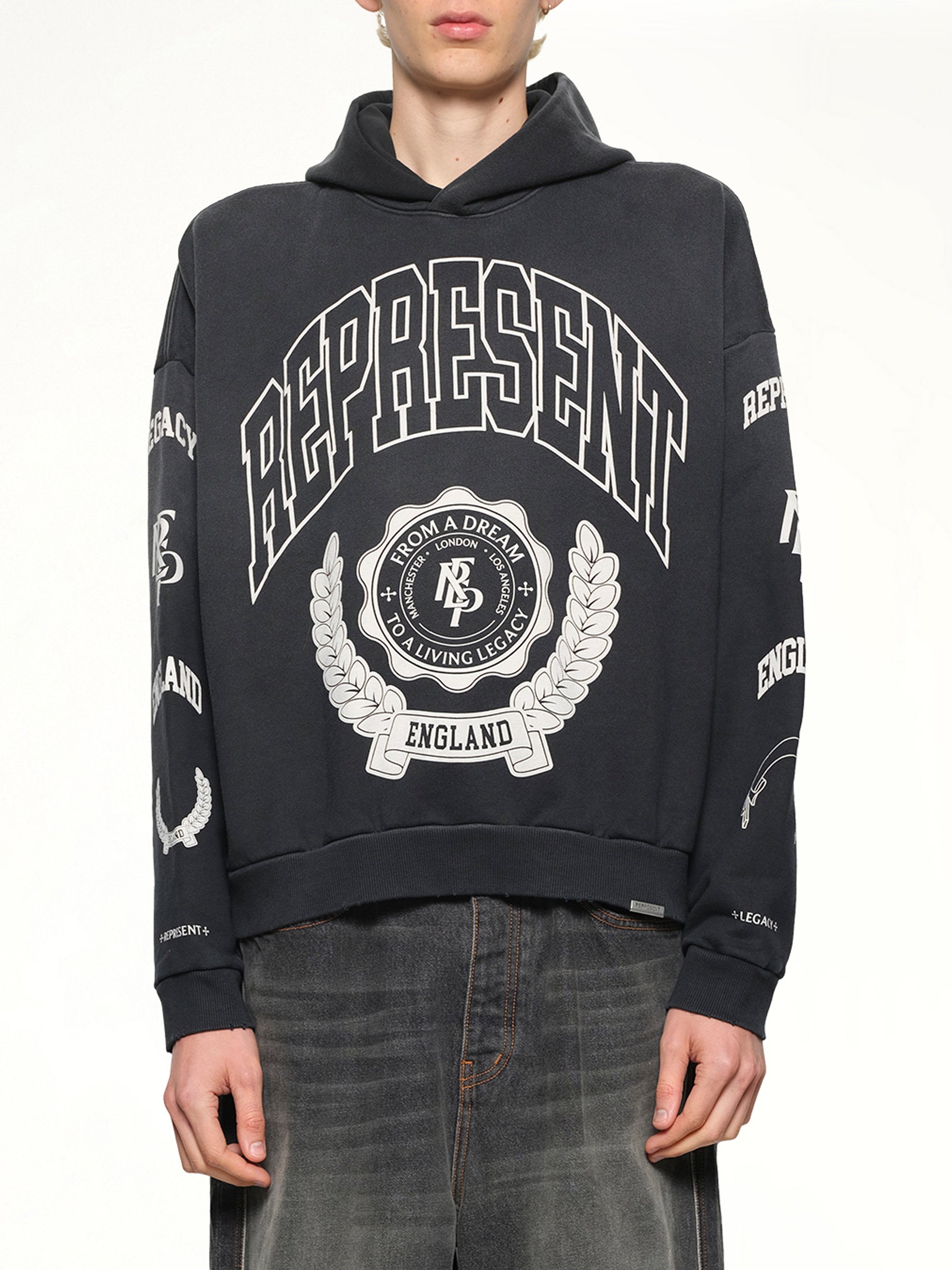 Represent Legacy Crest Hoodie in Stained Black