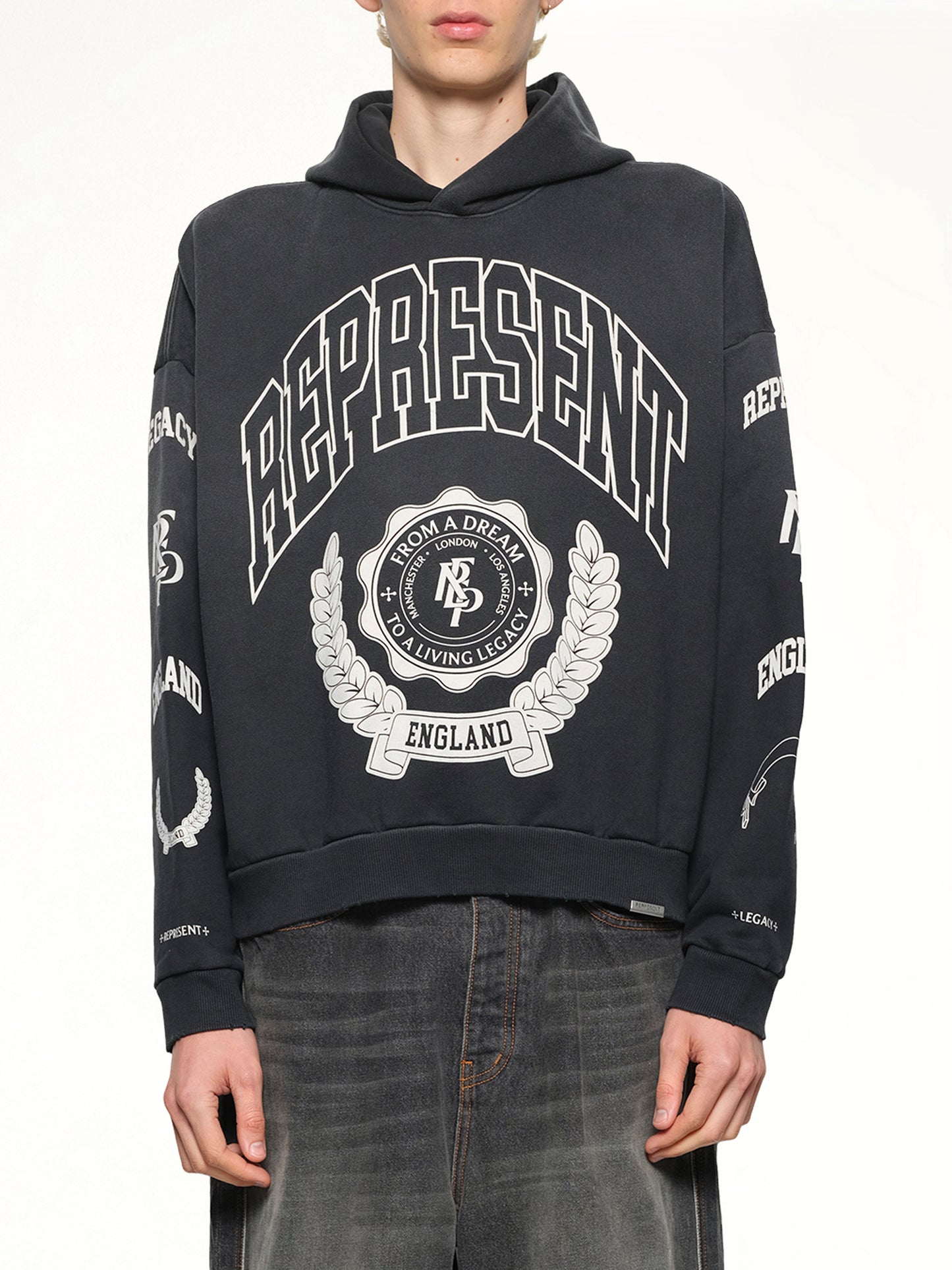 Represent Legacy Crest Hoodie in Stained Black