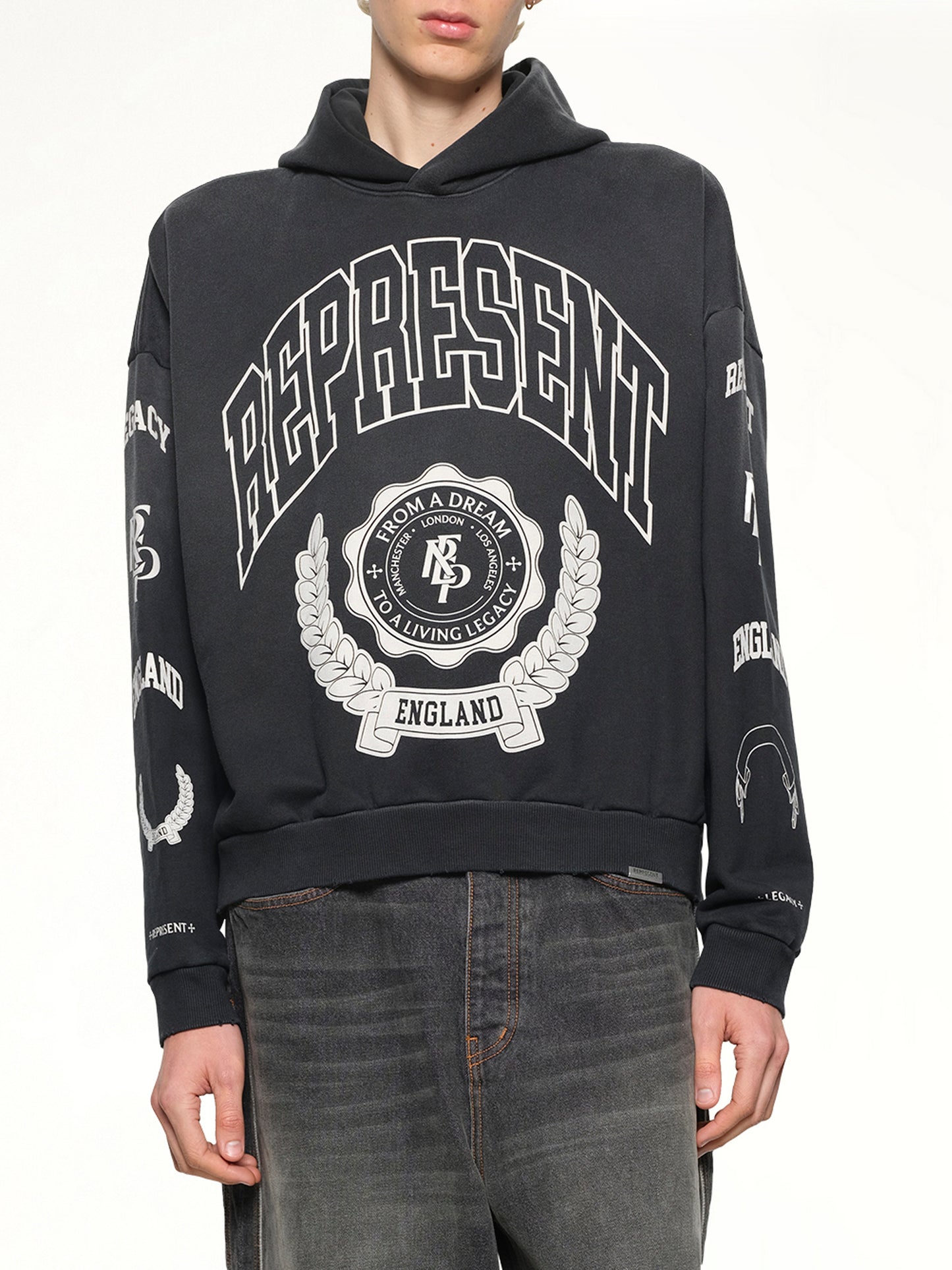 Represent Legacy Crest Hoodie in Stained Black